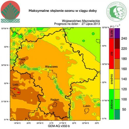 Maksymalne stężenie ozonu w ciagu doby - 27.07.2013 r.