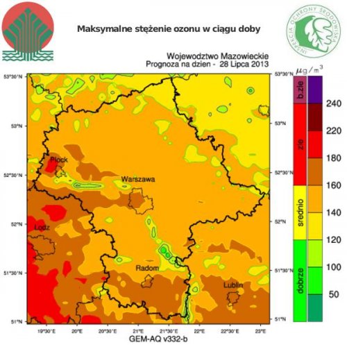 Maksymalne stężenie ozonu w ciagu doby - 28.07.2013 r.